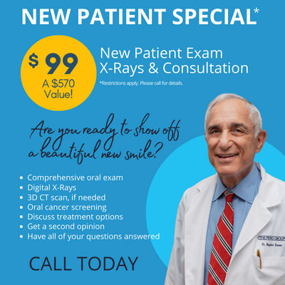 New Patient Special* - $99 a $570 value! Are you ready to show off a beautiful new smile? New Patient Exam, X-Rays and Consultation. Comprehensive oral exam, Digital x-rays, 3D CT scan, if needed, Oral cancer screening, Discuss your treatment options, Get a second opinion, Have all of your questions answered. Restrictions apply. Please call for details. Make an appointment today.
